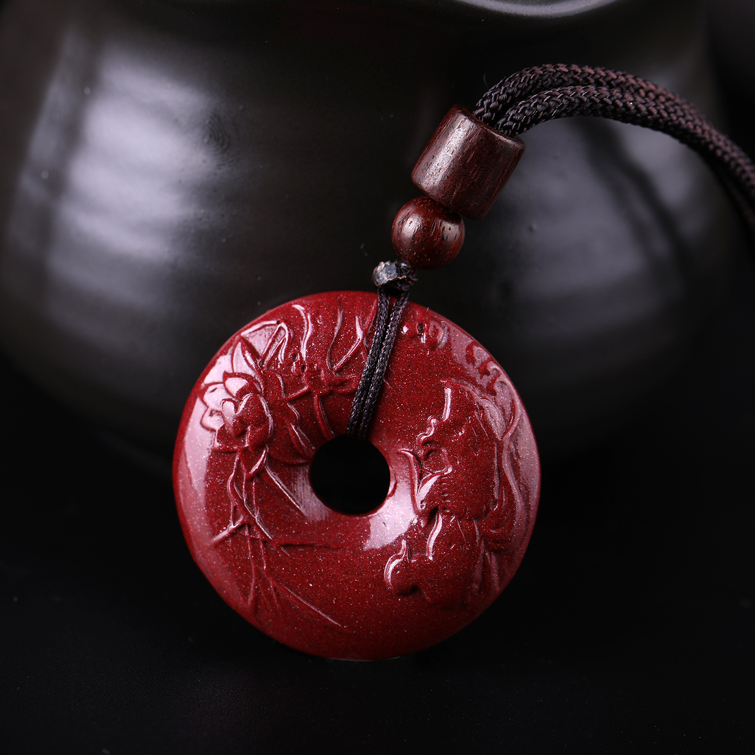 厂供 天然朱砂平安扣吊坠 原矿紫金砂高含量鸳鸯平安扣项坠毛衣链