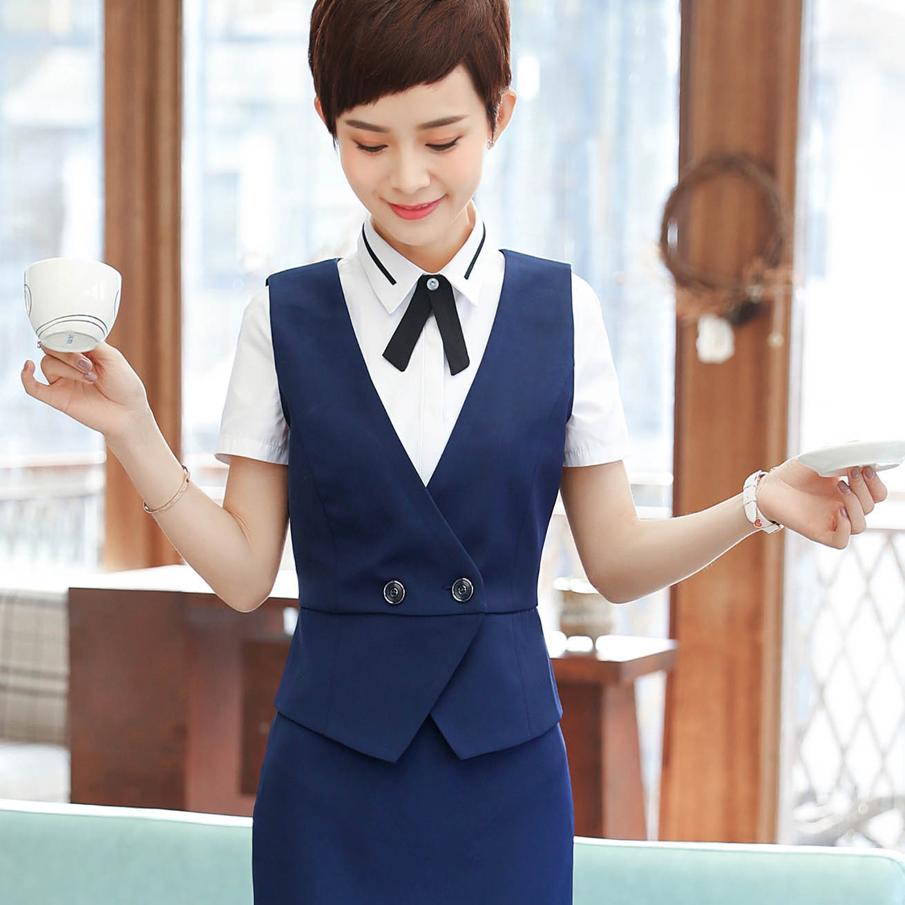 酒店大堂经理工作服女餐饮服务员夏季职业马甲女裙套装酒楼服务员