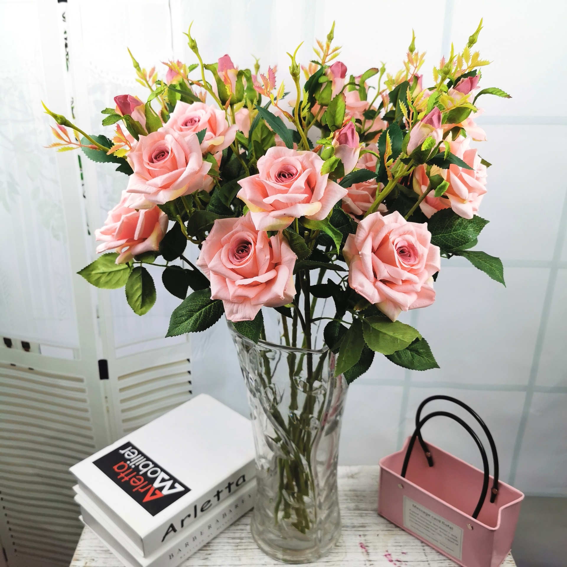 玫瑰花假花仿真3头香雪玫家居餐桌艺术花摆放婚庆路引插花仿真花