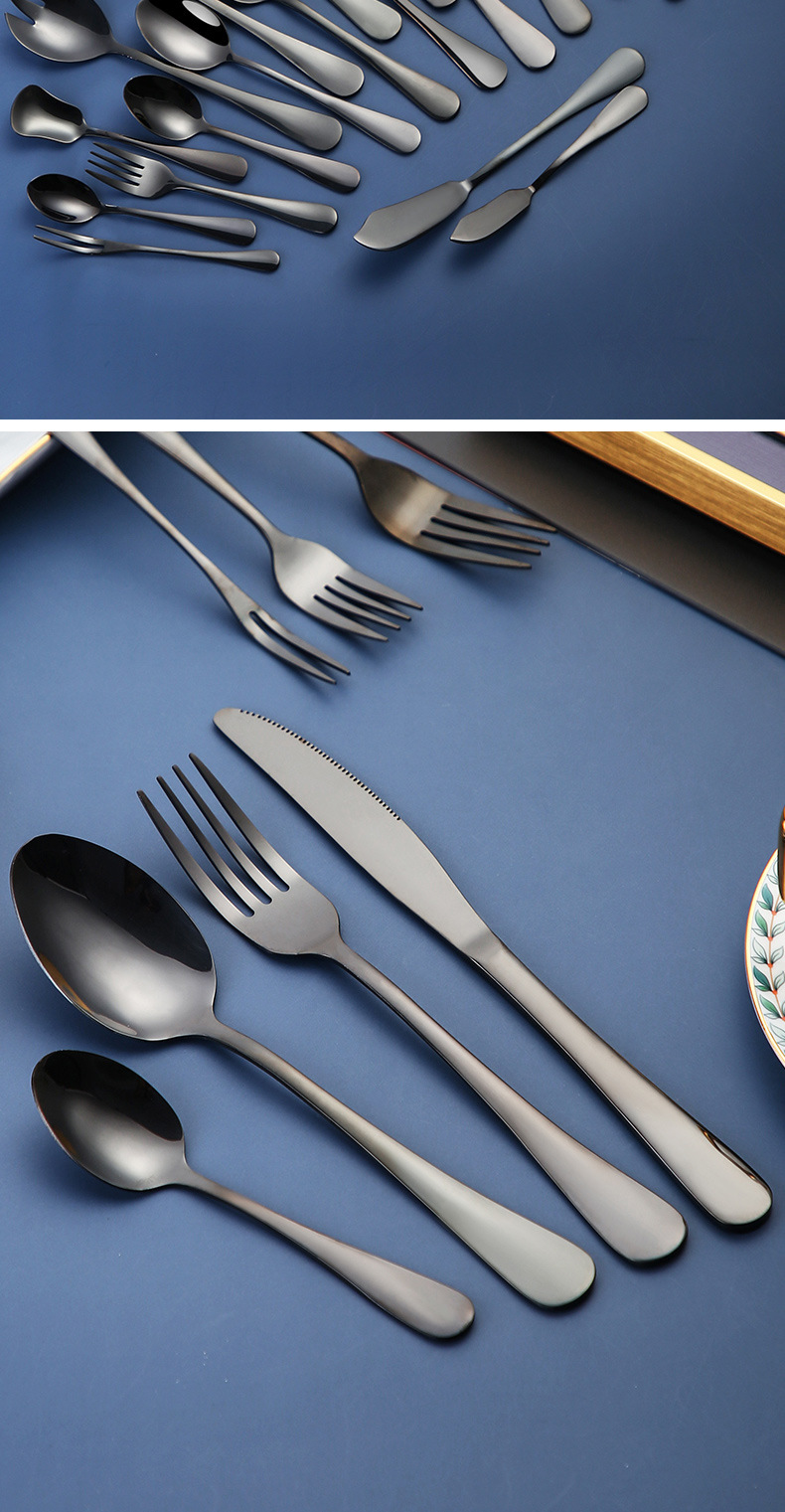 亚马逊1010不锈钢黑色圆勺镀钛餐具沙拉勺黄油刀公用勺套装服务勺