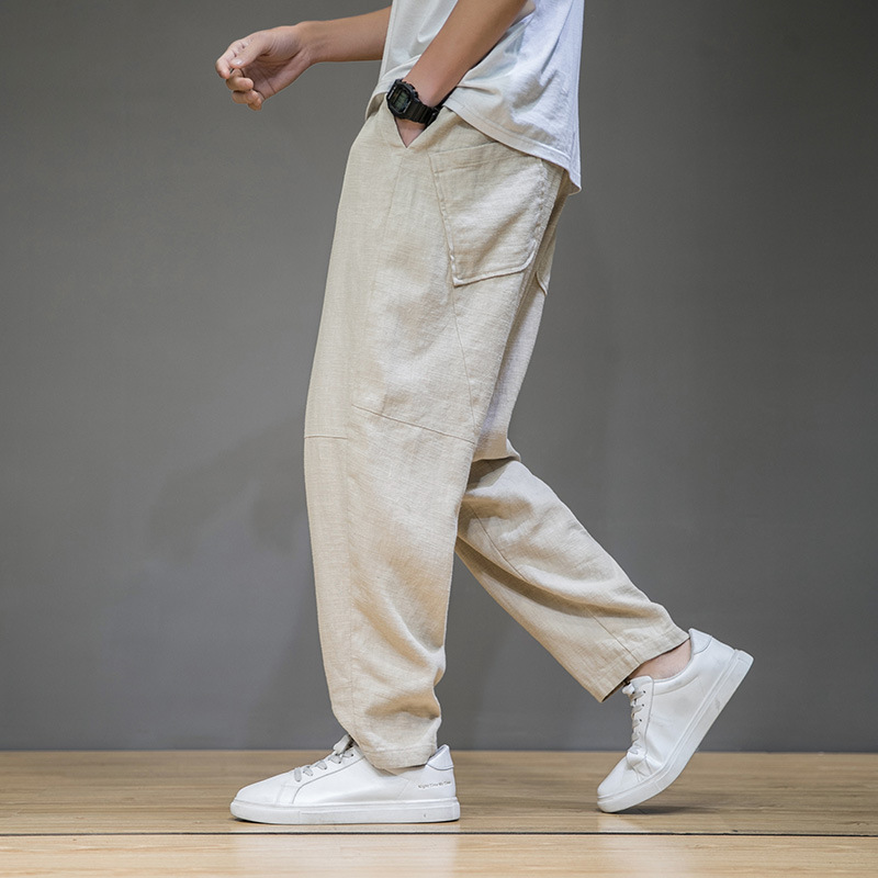 新款日系复古棉麻长裤纯色麻裤男大码中国风亚麻裤宽松哈伦裤男裤