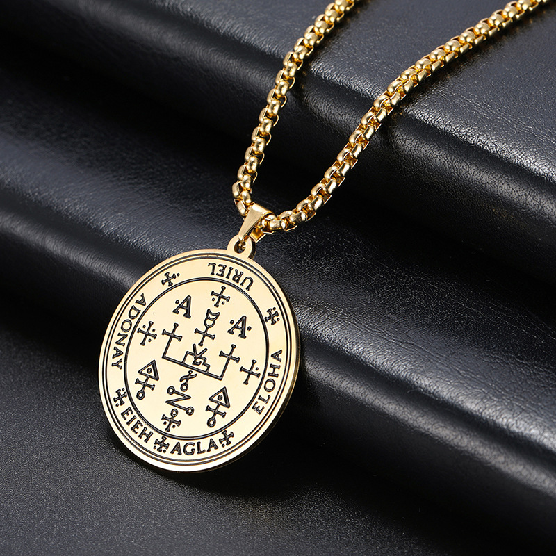 外贸热销 宗教经文 七大天使封印吊牌 符文吊坠 不锈钢圆牌项链