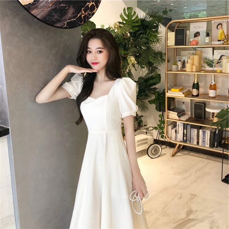 赫本风小黑裙可甜可盐法式方肩温柔风中长款白色连衣