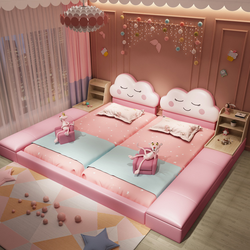 儿童床女孩公主榻榻米床姐妹二胎亲子床组合床拼接加宽带护栏皮床