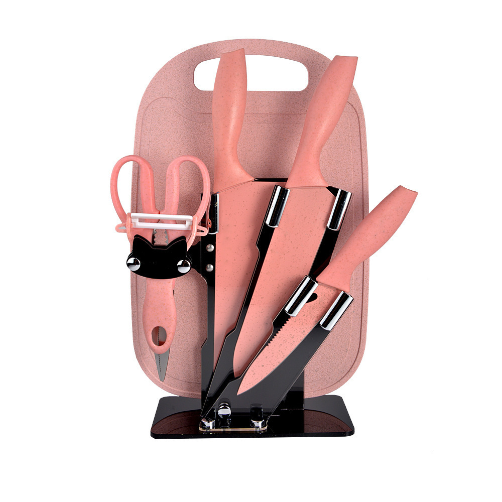 Small Straw Kitchen Knife Set Household Small Kitchen Knife Chef Knife Fruit Knife Kitchen Scissors Cutting Board Knife Holder Gift Knife Set