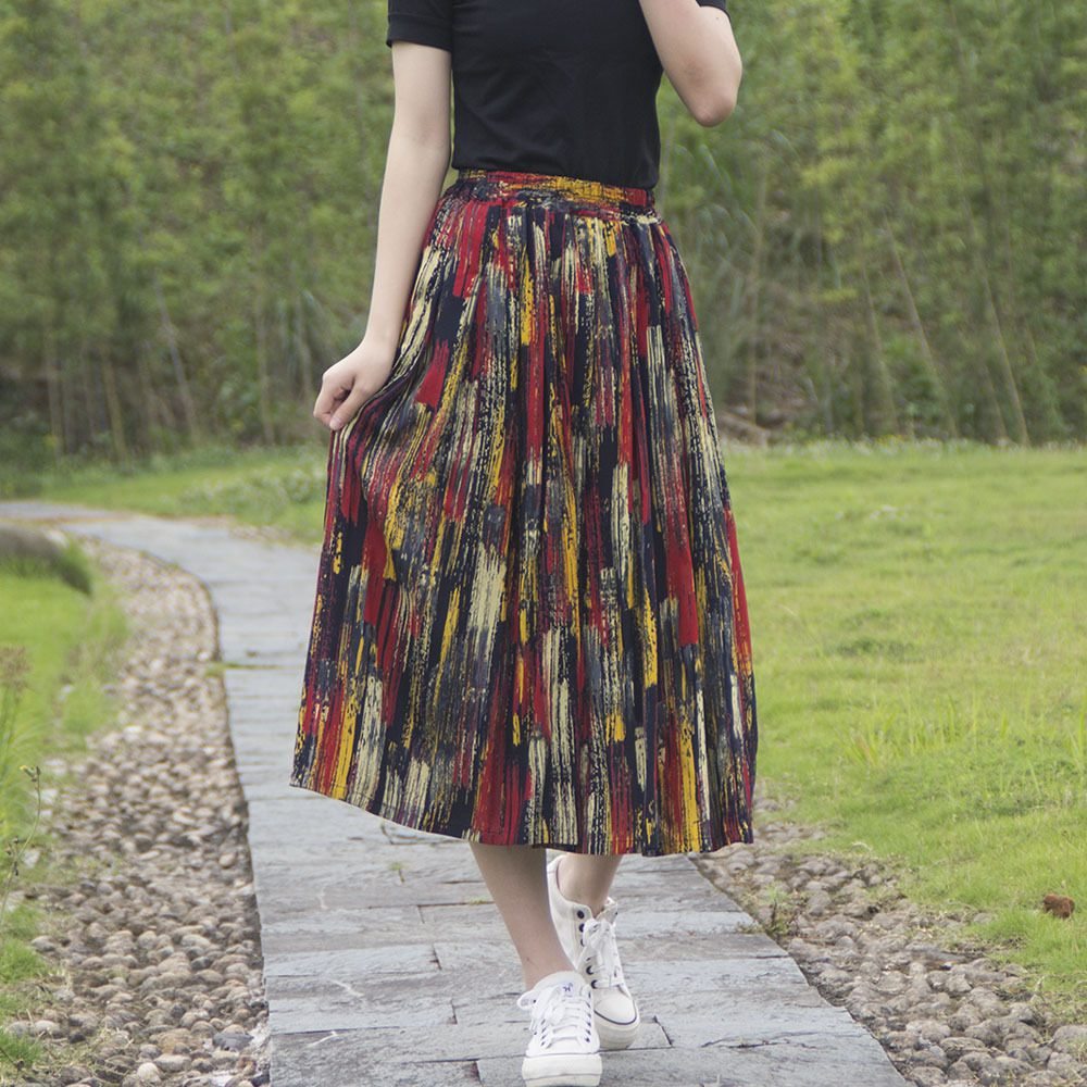 夏季新款女装薄印花棉绸半身裙松紧腰围百褶裙修身显瘦中长款