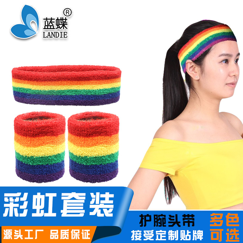 Rainbow Wristband Headband Hairband Suit Sports Sweat-Absorbent Basketball Head Protection Belt Wrist Guard Polyester Cotton with Logo