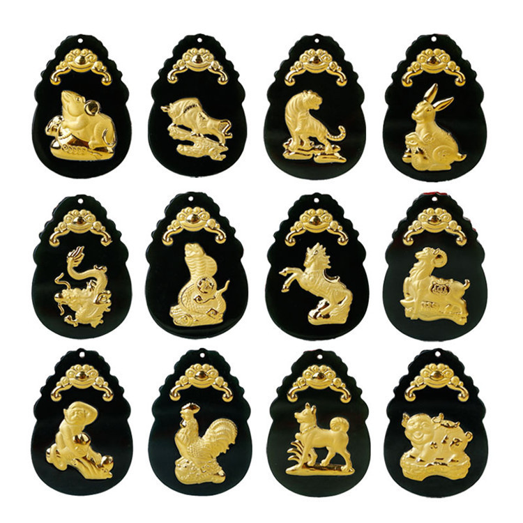 和田墨玉镶金 4d墨玉翡翠十二生肖挂坠 金镶玉吊坠属相项链