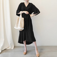 韩版女装新款宽松大码中袖V领棉麻连衣裙夏文艺长款亚麻衬衫裙子
