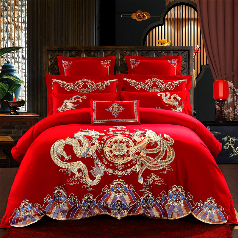 全棉大红婚庆四件套纯棉绣花结婚用床上用品套件可配多件套