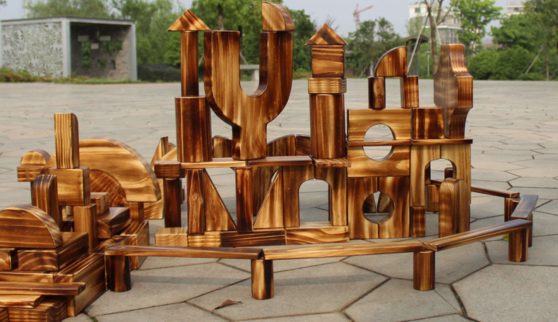 3-7幼儿园儿童碳化积木超大片加厚构建拼搭120片户外碳烧积木