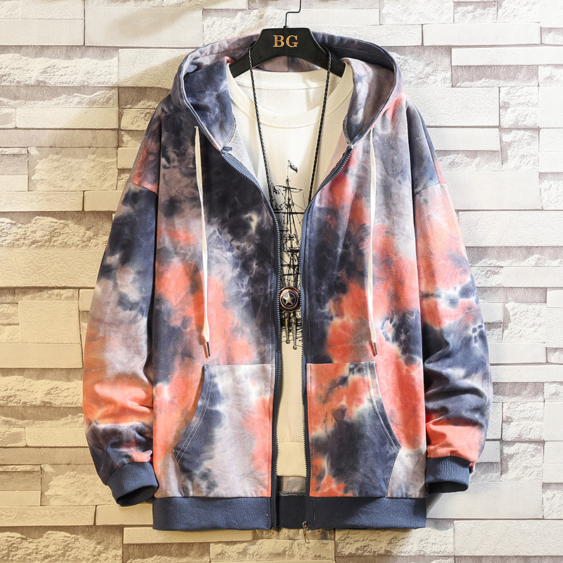 20秋装扎染卫衣男新款日系宽松大码男装胖子外套ins青年开衫批发