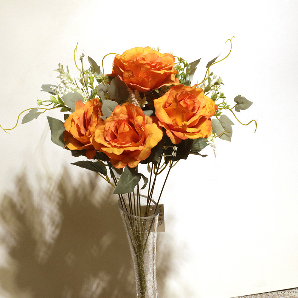 西洋玫瑰欧式6头包芯法国玫仿真花 厂家家居装饰布景婚庆墙假花