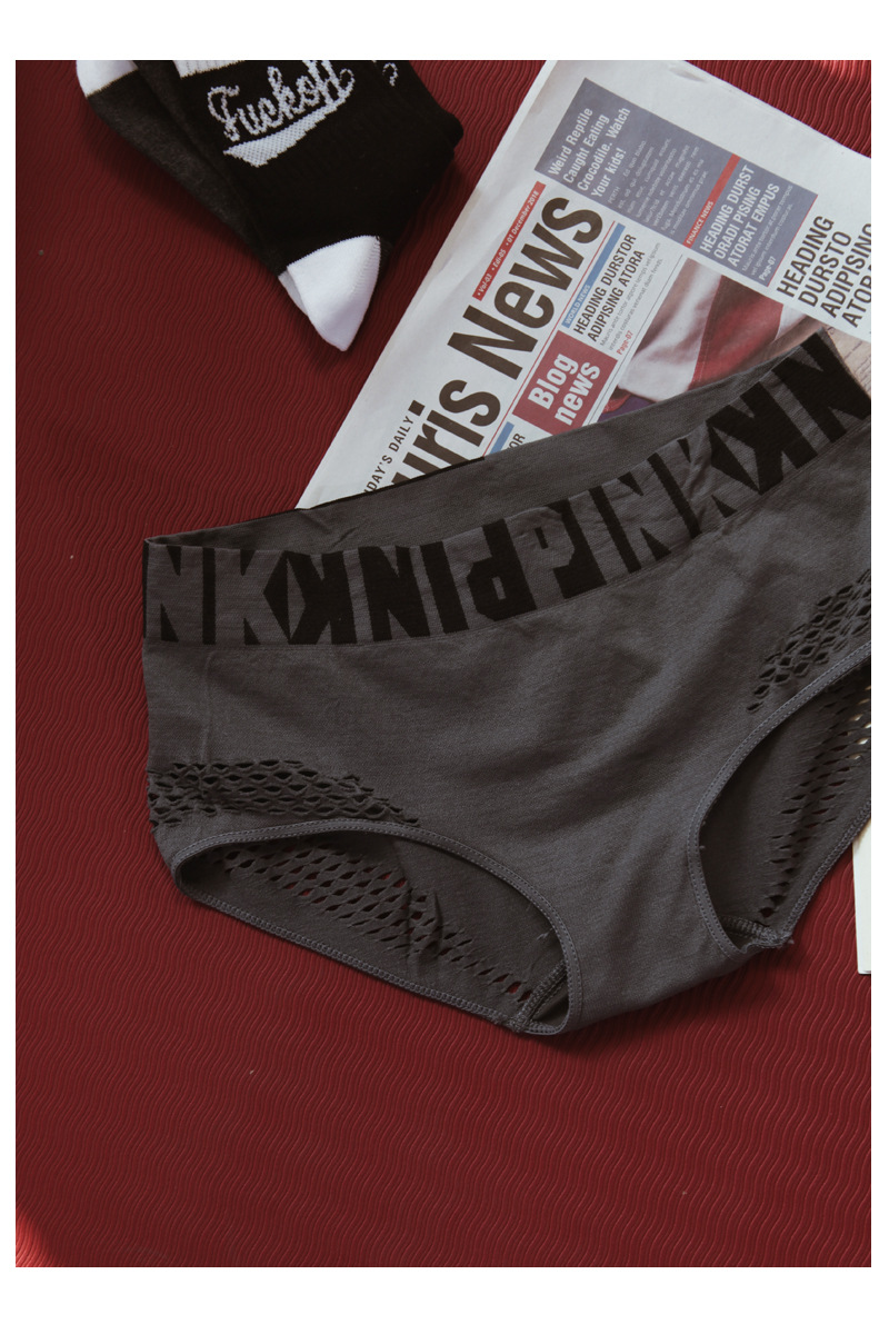 欧美pink字母破洞渔网性感透明情趣三角裤时尚女运动棉质提臀内裤