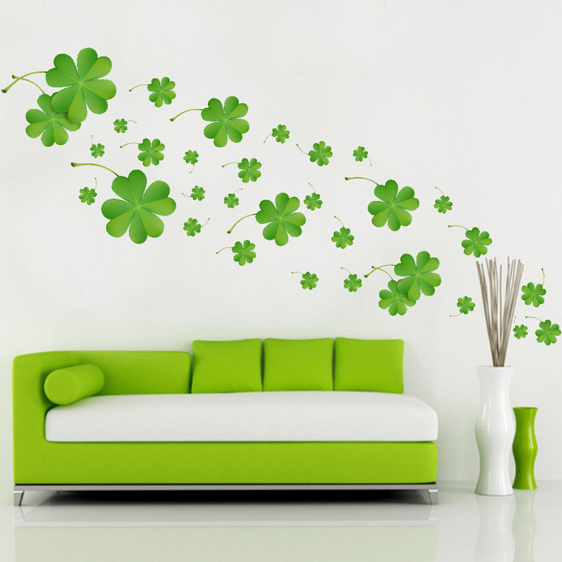 四叶草墙贴 卧室草电视墙贴纸 幸运绿色植物背景客厅套平面墙贴邮