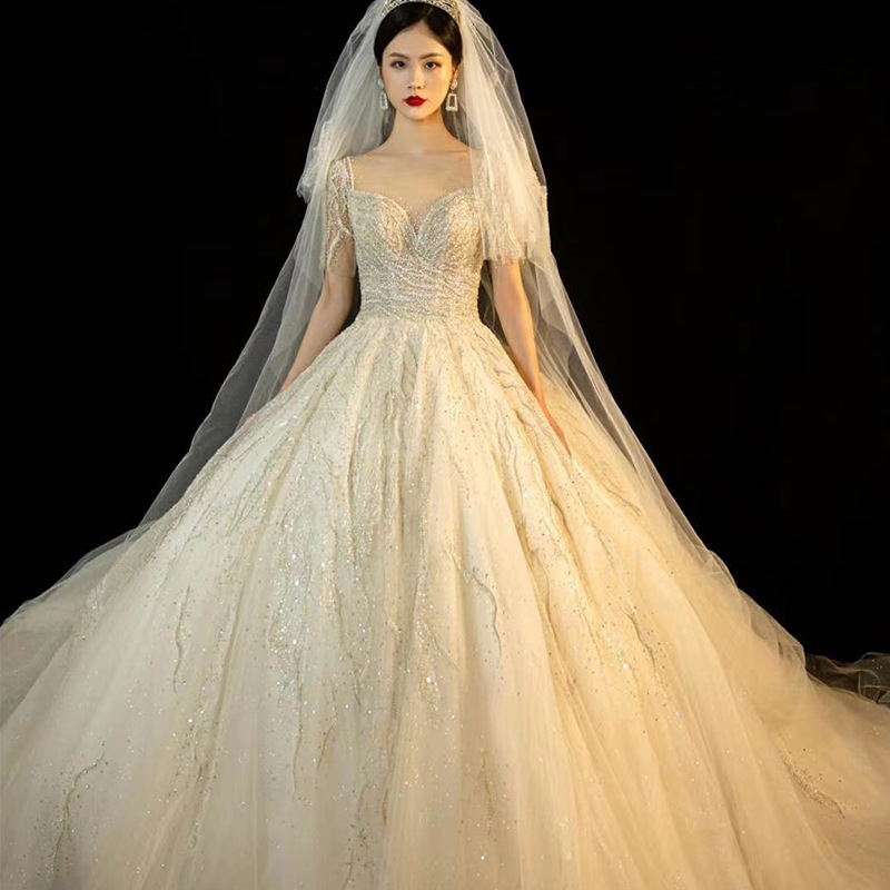 新娘婚纱超奢华水晶烫钻亮片短袖绑带款公主梦幻高档wedding gown