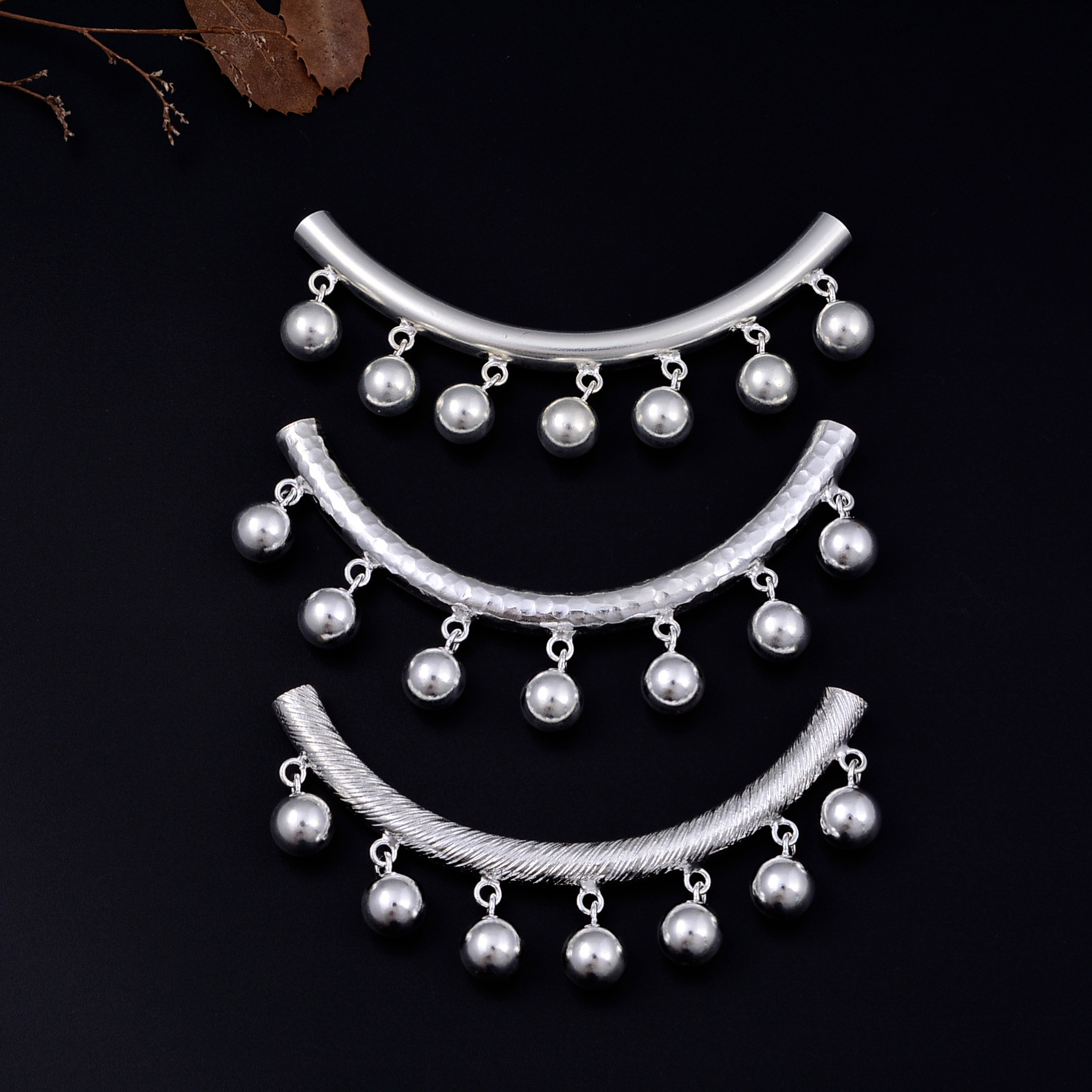 批发s925纯银手工银吊球弯管 凹凸纹银球球民族风项圈项链