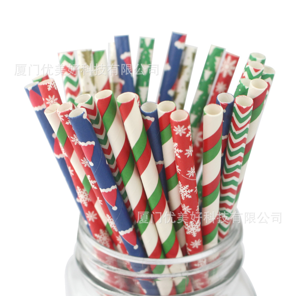 亚马逊热销 圣诞纸吸管套装派对纸质吸管纸吸管套装 纸吸管圣诞节