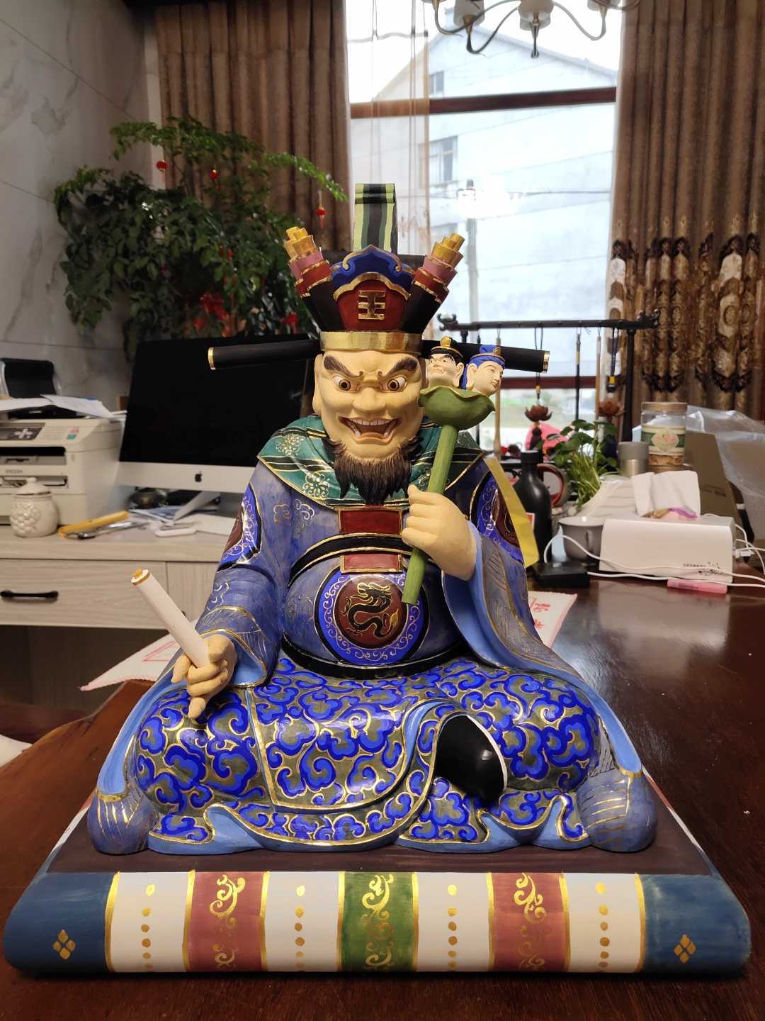 泰山府君木雕神像淡彩工艺