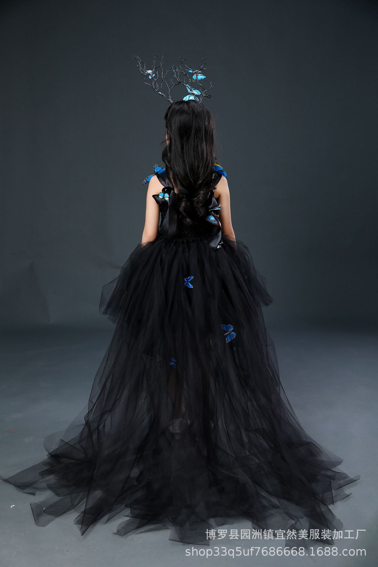 女童霸气礼服儿童模特走秀礼服女拖尾钢琴演出服女童黑色晚礼服潮