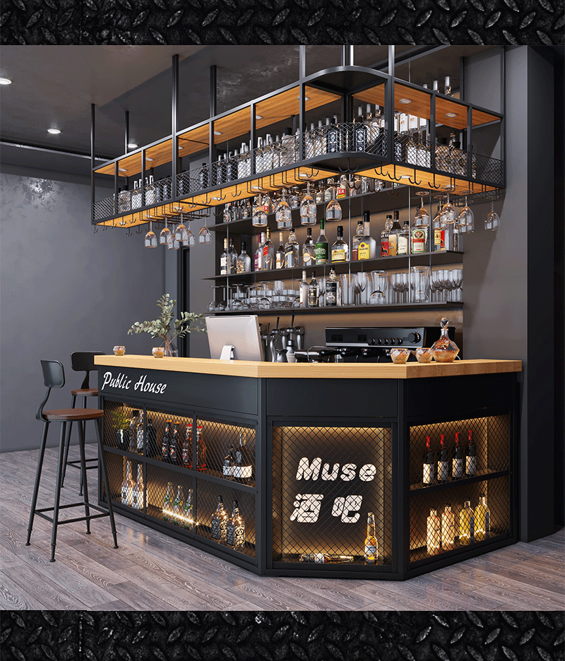 工业风酒吧转角吧台 网红奶茶店铁艺收银台 餐厅酒店接待前台柜台