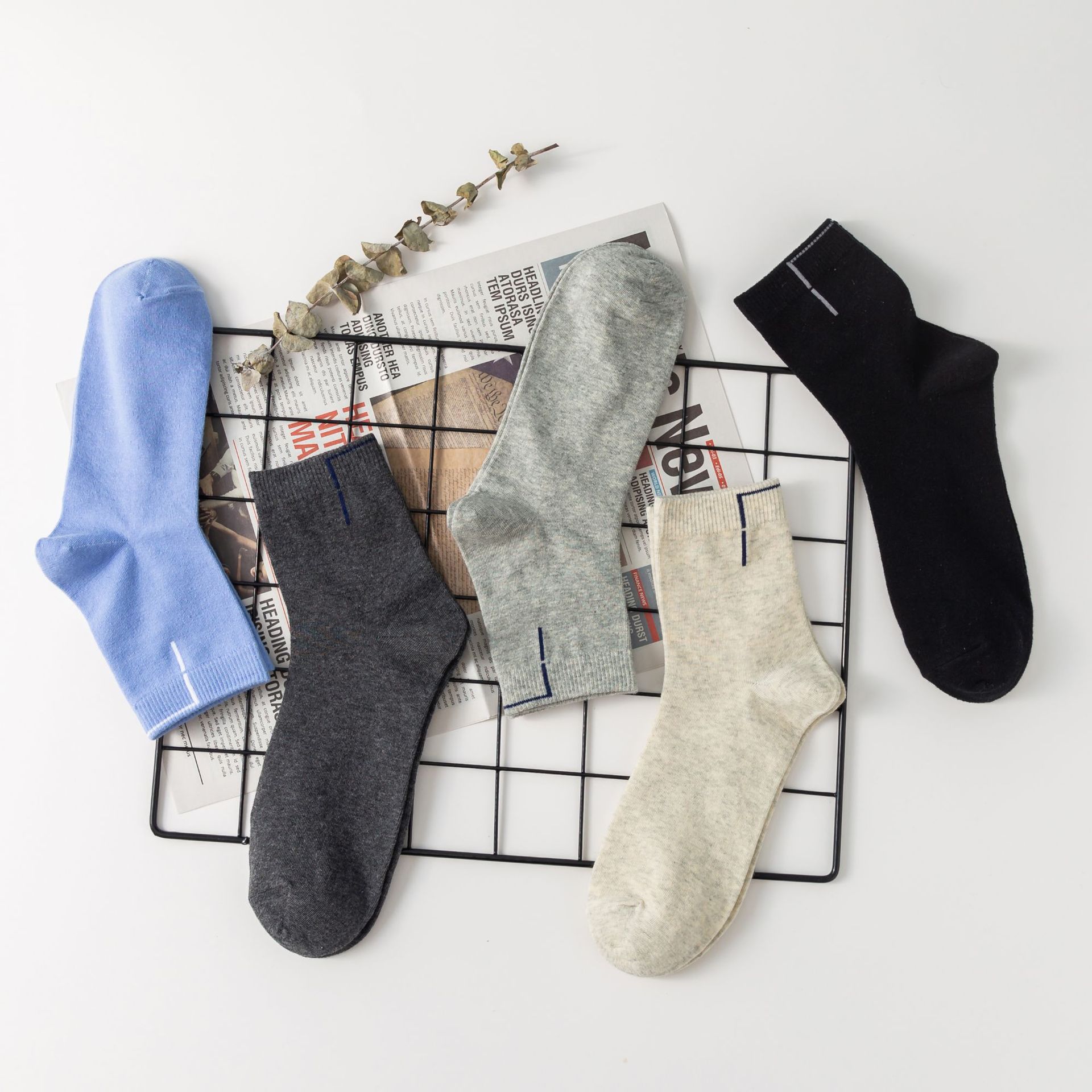 秋冬棉男袜 线条中筒纯色棉袜极简风休闲袜子棉 秋冬男运动棉长袜