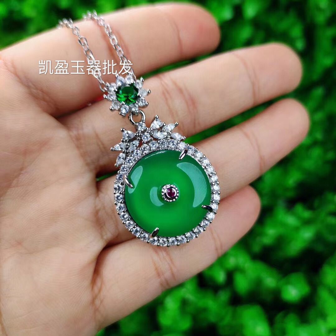厂家批发高冰925镀银镶嵌绿玉髓豪华平安扣吊坠 玛瑙玉石挂件饰品