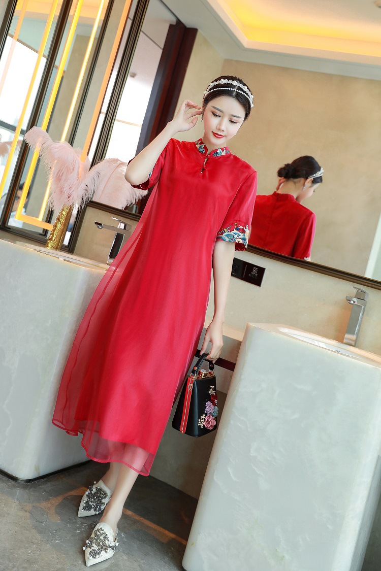 时尚新中式海崖纹牡丹刺绣改良旗袍裙货号rx20028