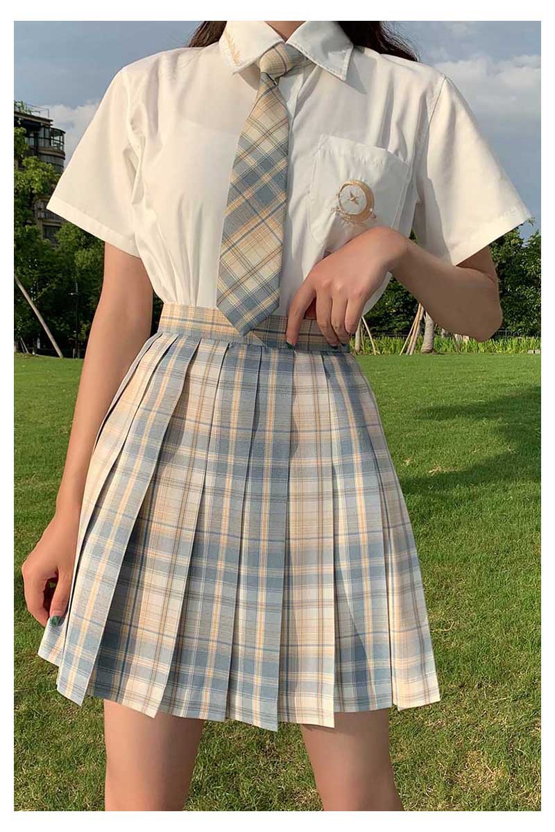 风铃 柠檬海盐 jk制服轮褶 现货 高腰日系软妹风格纹百褶裙套装