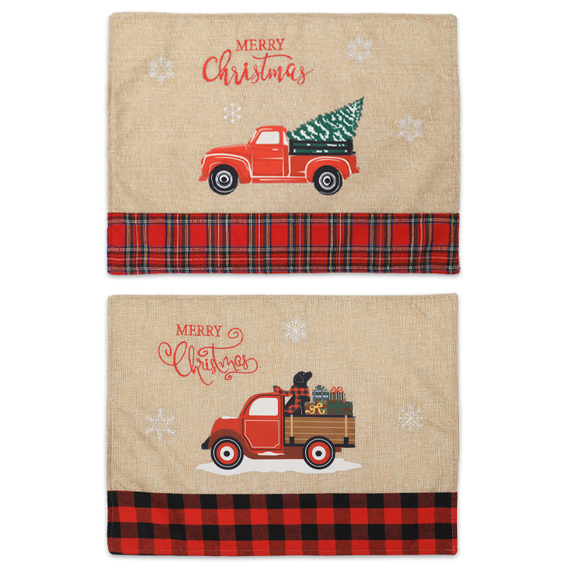 Cross-Border New Arrival Family Decorations Plaid Linen Cartoon Car Tableware Mat Creative Style Tractor Placemat in Stock