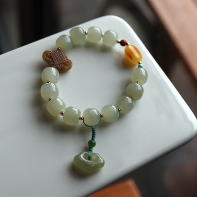 天然和田玉青海料老型珠单圈手链晴水色原创女士手链