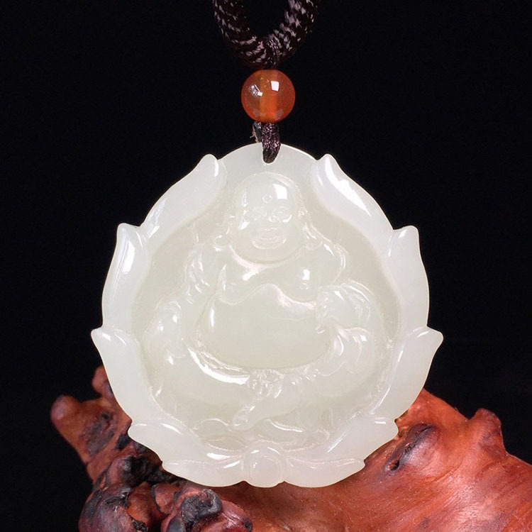 新疆和田玉白玉莲花佛公吊坠玉石弥勒佛玉佩玉坠女士