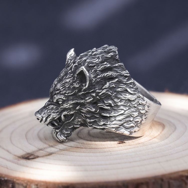 s999银饰品复古足银粗犷潮款霸气狼头狼王戒指 男士个性夸张指环