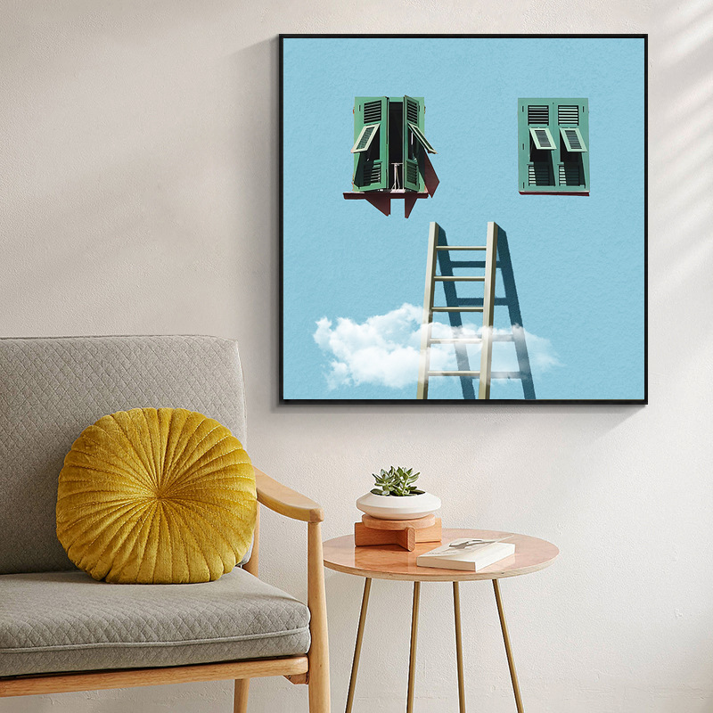 现代简约客厅装饰画 莫兰迪色创意云朵梯子窗户北欧公寓民宿挂画