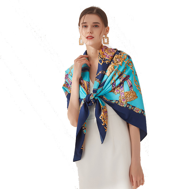 Cross-Border New Arrival Fashion Square Large Kerchief Artificial Silk Twill Silk Scarf European and American Street Scarf for Women