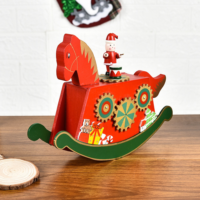 Christmas Decorations Wooden Music Box Hand-Rotating Children's Intelligence Toys Wooden Rocking Horse Music Box