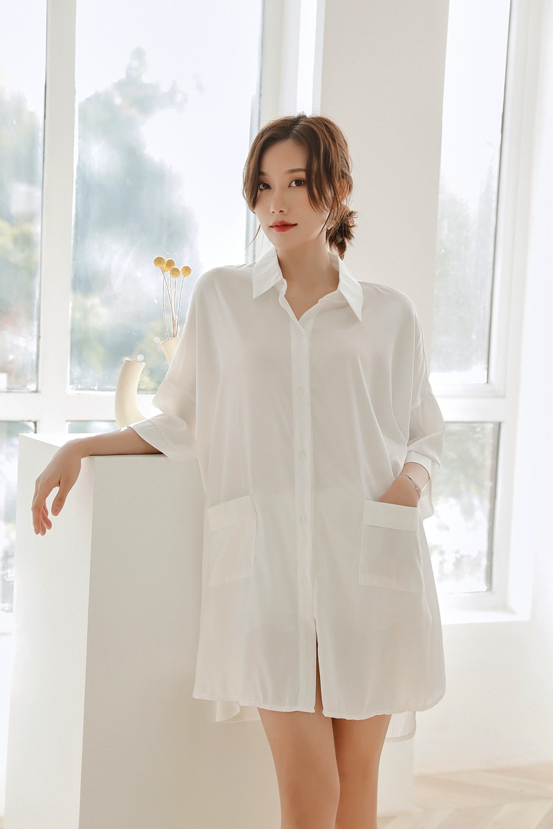 睡裙女夏季冰丝性感薄款男友风白衬衫长款家居服丝绸睡衣可外穿