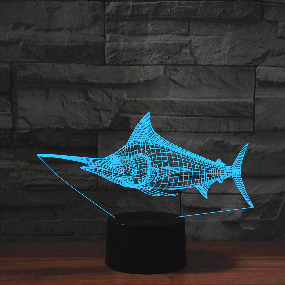 2020外贸新款大马林鱼七彩3d 创意触摸遥控台灯节能led小夜灯4350