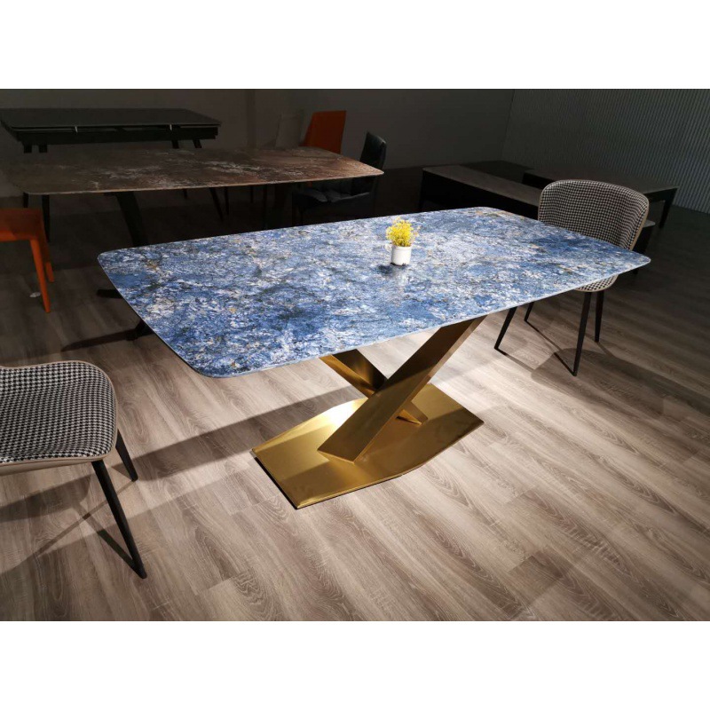 意式轻奢大理石岩板餐桌七星石珍石蓝色餐台高端品质后现代餐桌椅