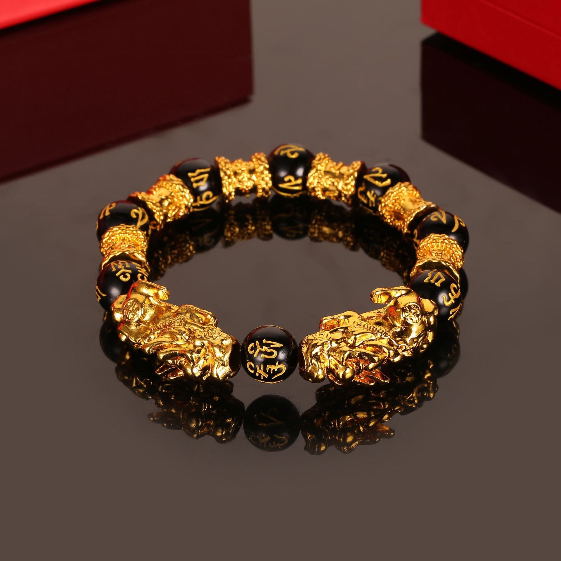 洛天越南沙金貔貅手链男女仿3d硬金99黑曜石招财皮丘佛珠久不掉色