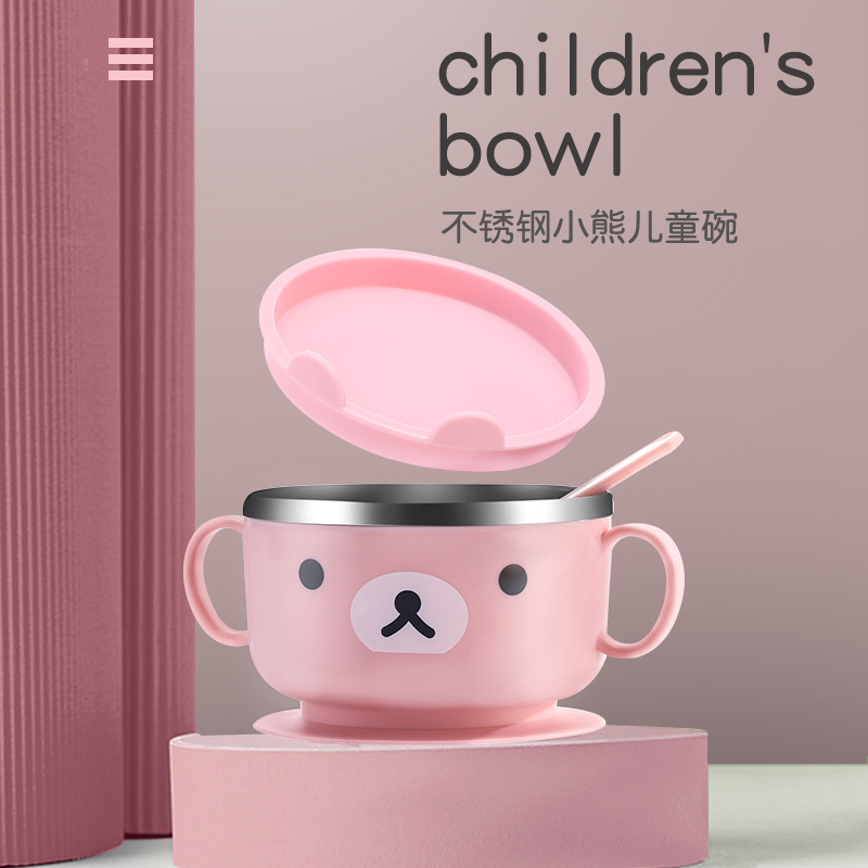 cartoon stainless steel tableware children‘s tableware double-ear bowl cute tableware drop-resistant insulation baby feeding tableware bowl