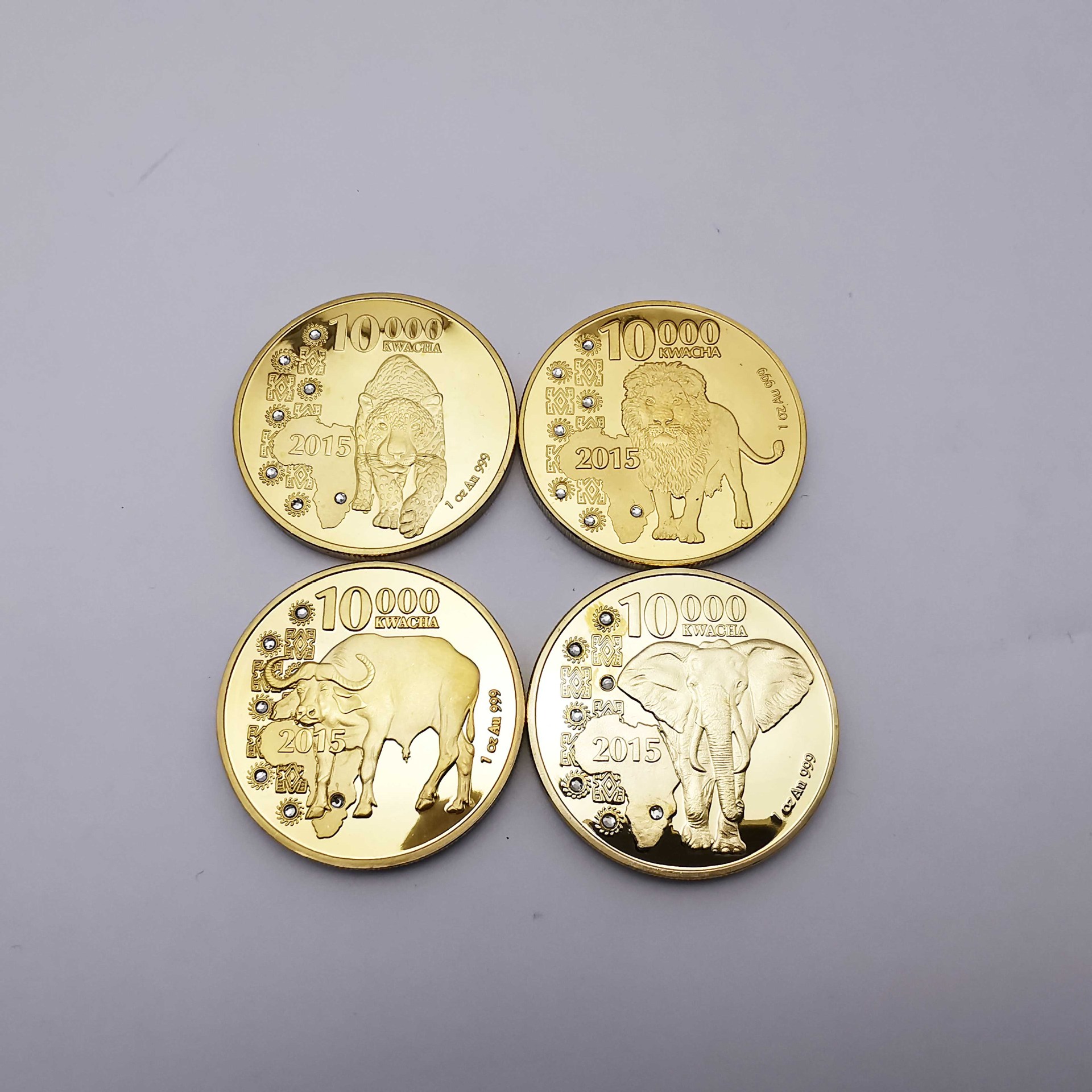 现货订制 非洲赞比亚纪念币镶钻豹金币 野生动物象纪念币外币硬币
