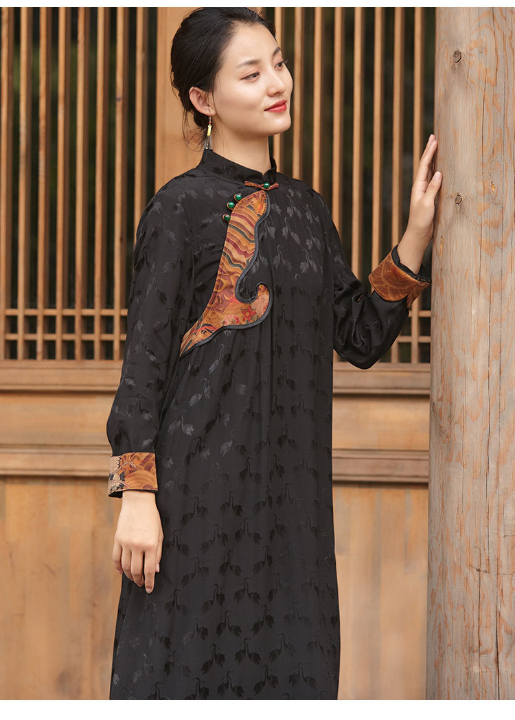 致橡树2020秋提花香云纱拼接文艺改良中式长款连衣裙女r20580-1嚭