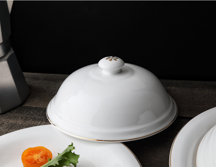 酒店餐厅金边陶瓷牛排餐盘带盖海参鲍鱼捞饭盘定制餐具公勺公筷