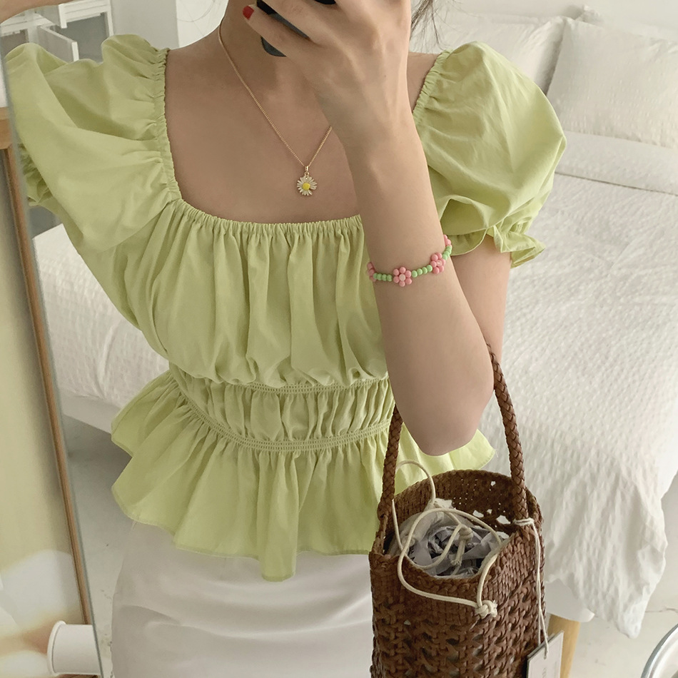 韩ins复古法式露肩方字领泡泡袖收腰短款套头衬衫