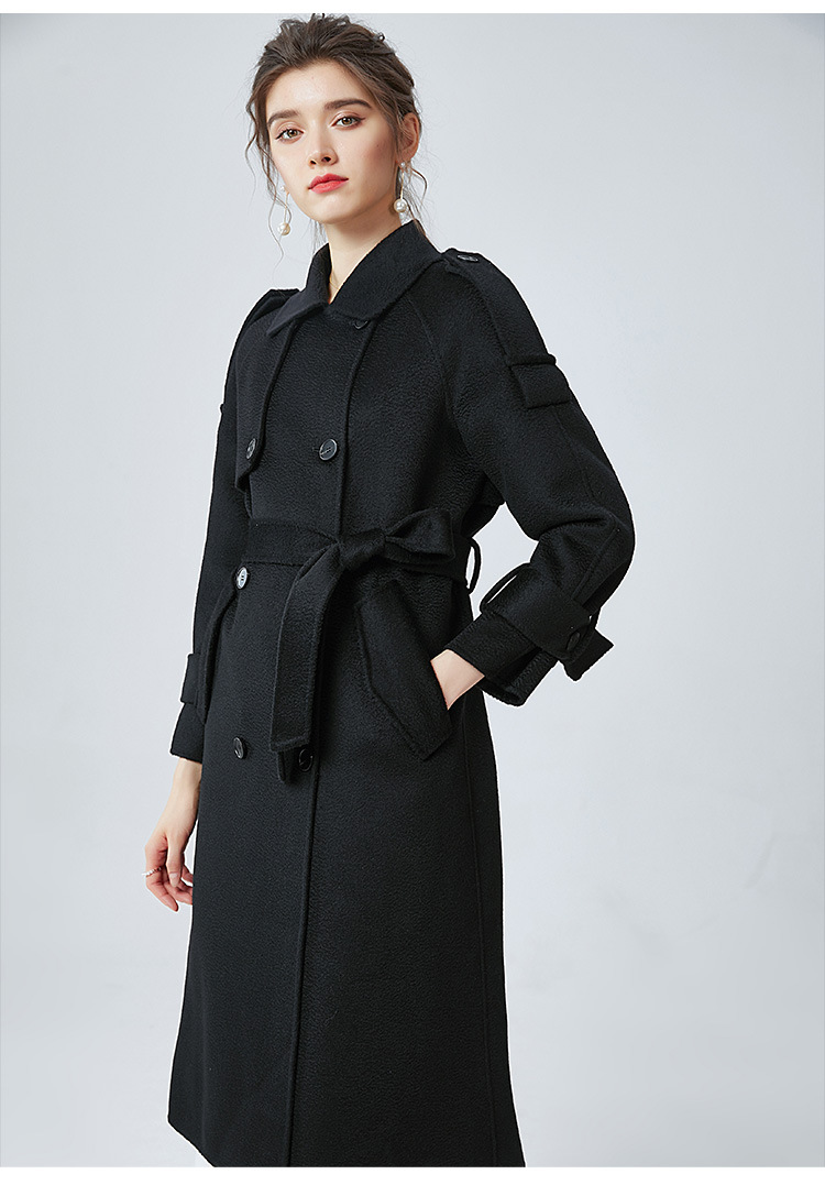 水波纹双面羊绒大衣女欧美秋冬宽松显瘦呢子大衣黑色女士毛呢外套