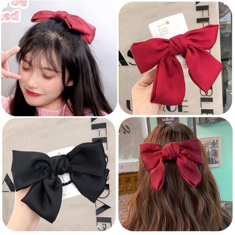 Oversized Black Bow Barrettes Japanese Adults and Children Satin Red Hairpin Back Head Spring Clip Hairware