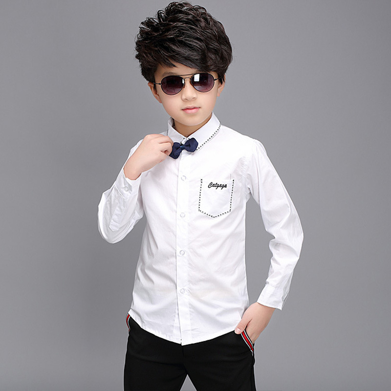 男童白衬衫儿童衬衣中童上衣春秋季长袖冬加绒加厚衬衫小学生童装