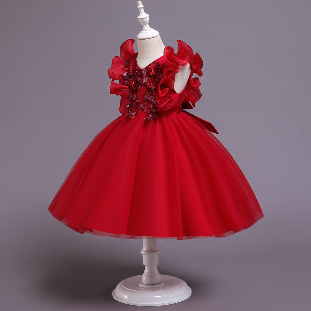 亚马逊热销礼服裙荷叶边袖子童裙圣诞节表演服公主连衣裙dress