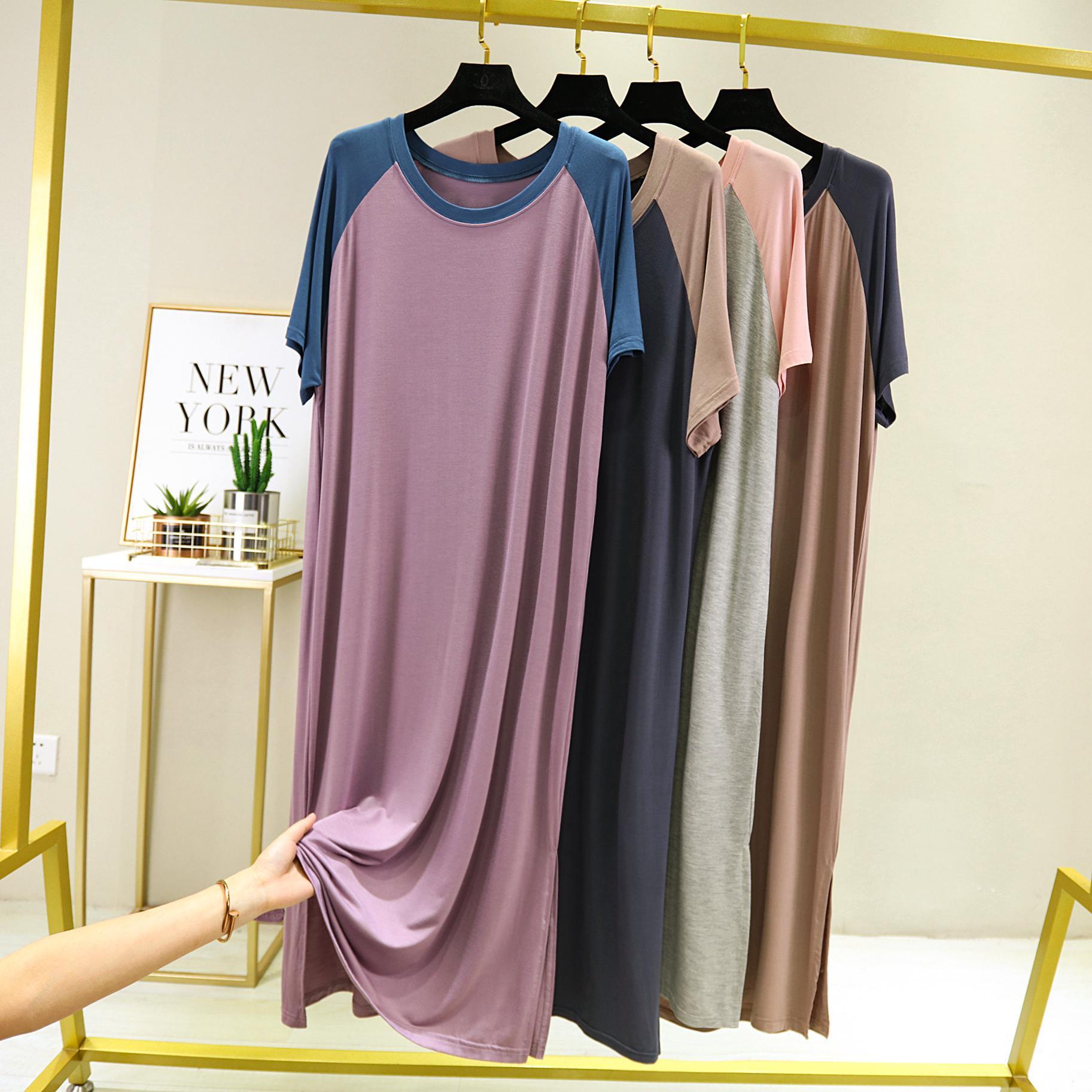 2023 New Modal Nightdress Women's Summer Short-Sleeved One-Piece Pajamas Long Dress Large Size Loose Home Wear